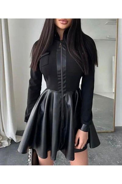 modaserdem Rochie de damă cu mânecă lungă Scuba Diver, piele și fermoar, produs de oportunitate