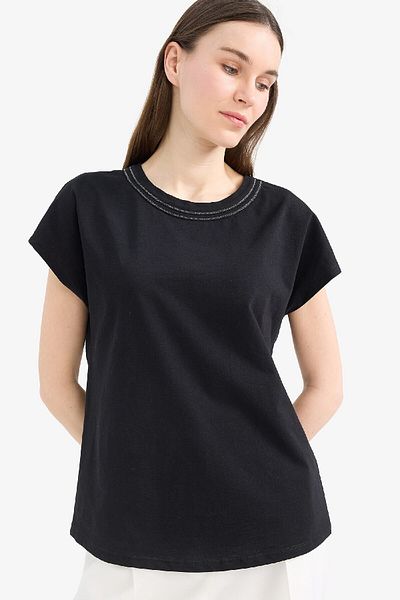 DeFacto Crew Neck Basic Plain Flared Cotton Short Sleeve Black T-Shirt E1159Ax25Sm