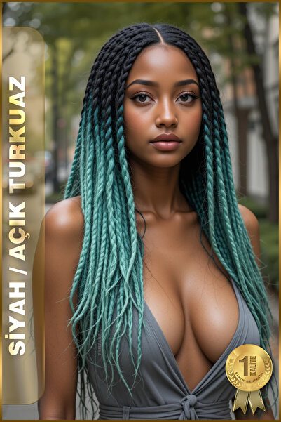 TAM TARZ Afrika Örgüsü Ve Rasta İçin Sentetik Saç - 2 Renkli / Siyah-Açık Turkuaz