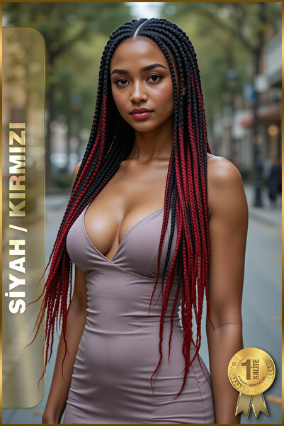 TAM TARZ Afrika Örgüsü Ve Rasta İçin Sentetik Saç - 2 Renkli / Siyah-Kırmızı