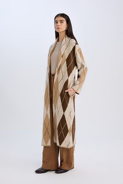DeFacto Relax Fit Shawl Collar Diamond Pattern Long Knitwear Cardigan D9811Ax24Wn