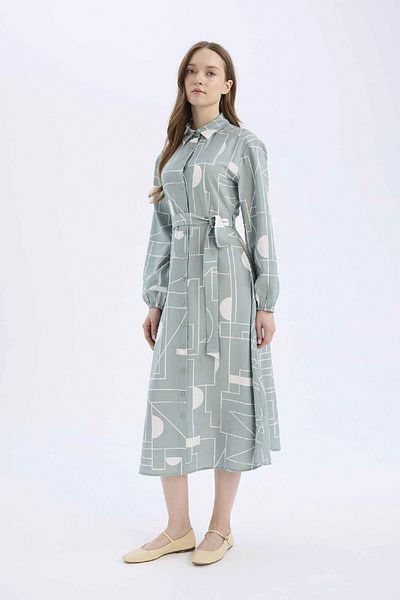 DeFacto Hemdkragen-Aerobin-Midikleid mit langen Ärmeln und Gürtel C2501AX25SP