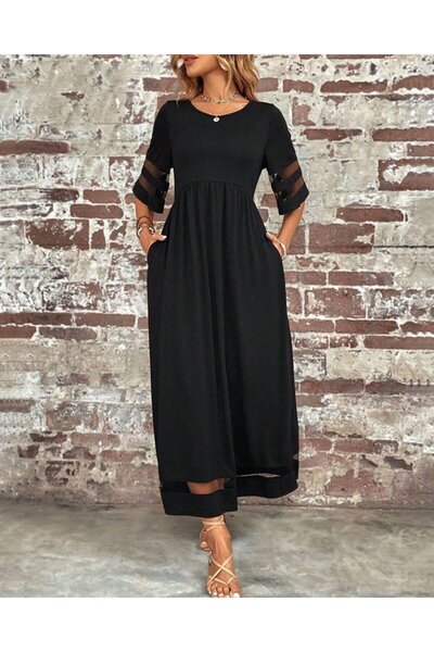 modaserdem Women's Short Sleeve Crew Neck Tulle Detailed Janjan Crepe Maxi Dress