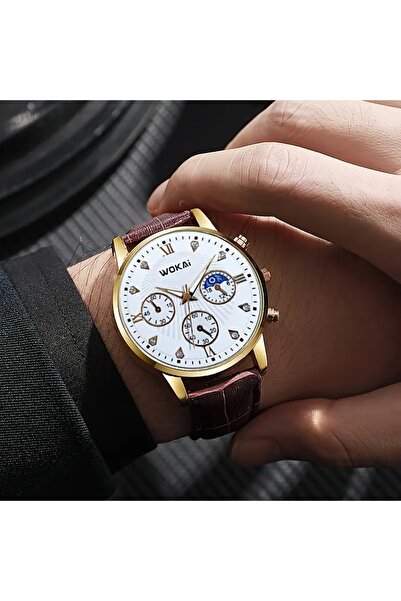 Feron accessories Erkek Kol Saati – Altın Kasa Beyaz Kadran Bordo Deri Kordon...