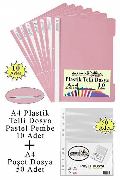 Artlantis Telli Dosya Plastik A4 10 lu ve Poşet Dosya 50 li 1 Paket Ekonomik Kaliteli Şeffaf Kapak Telli Dosya