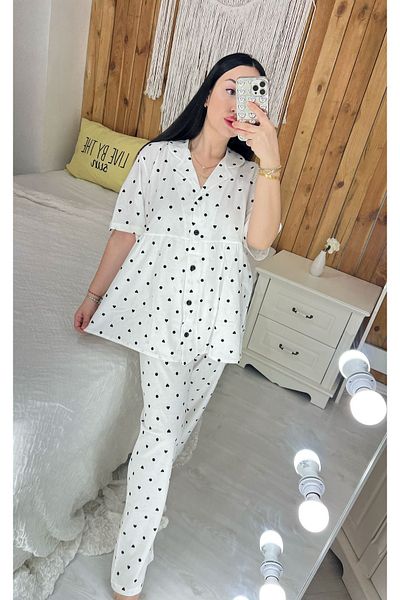 ByGamzeArman White Color Minnak Heart Pattern Short Sleeve Maternity Puerperium Pajamas Set