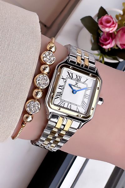 Daniel Klein Women's Square Case Wristwatch, Gold Silver Color Steel Band Gift Bracelet