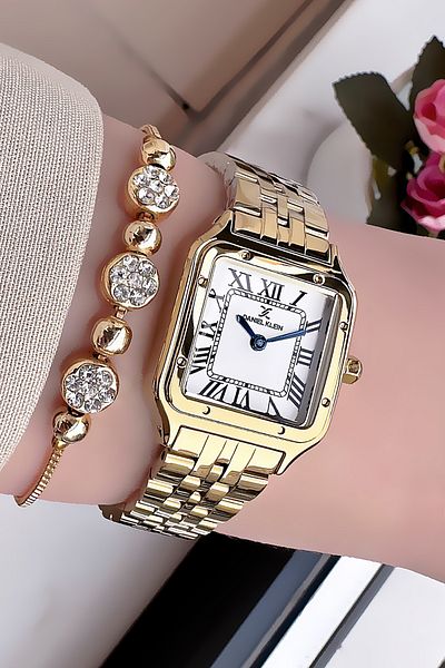 Daniel Klein Gold Color Women's Wristwatch - Square Case Waterproof - Gift Bracelet Dkby2035C1