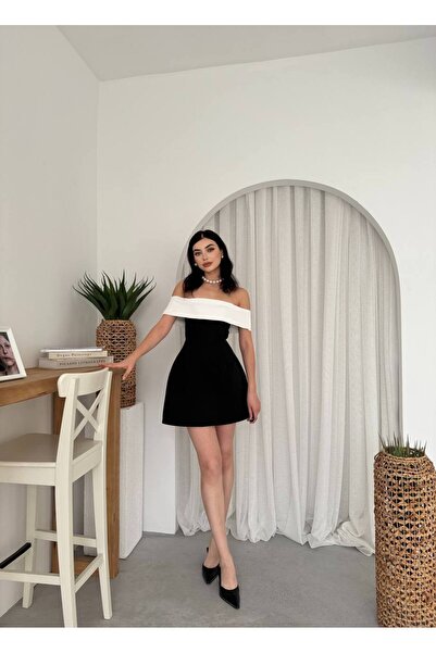 ETİKAFASHION STRAPLEZ A KESİM SİYAH BEYAZ MİNİ ELBİSE