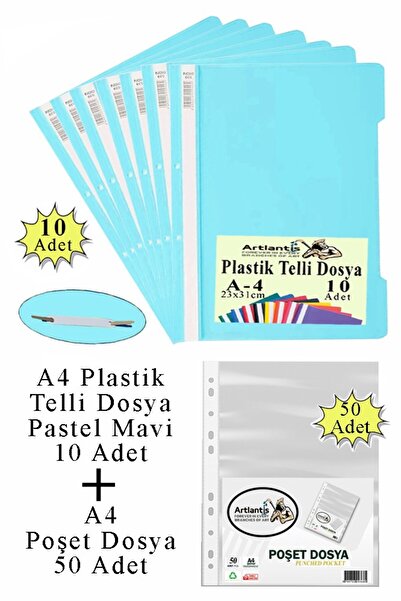 Artlantis Telli Dosya Plastik A4 10 lu ve Poşet Dosya 50 li 1 Paket Ekonomik Kaliteli Şeffaf Kapak Telli Dosya