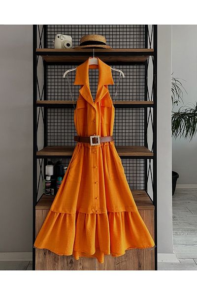 Favori Ewas Design Midi Length Jacket Collar Belted Women's Dress