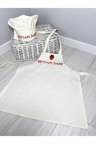 Koala Tasarım Çocuk Mutfak Önlüğü ve Şapkası Çilek Desenli İsimli