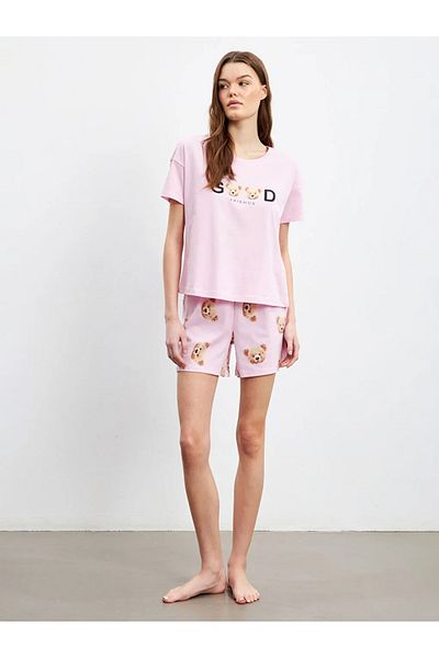 LC Waikiki Σετ γυναικεία σορτς πιτζάμες LCW Young Pink Bear Teddy με στάμπα