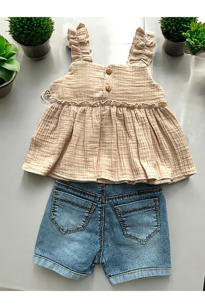WONDRESS BABY Ruffle Strap Blouse, Girls' 2-Piece Set with Denim Shorts