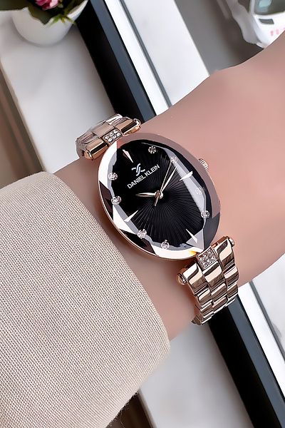 Daniel Klein Women's Rose Color Wristwatch Oval Case Steel Band Gift Bracelet