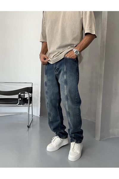 Denim Shorty Baggy Dark Blue Distressed Model Washed Jeans