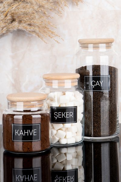 Dolkin Home Set of 3 Wooden Vacuum Lids Tea Sugar Coffee 3 Sizes Glass Jars with Labels 1300Ml-800Ml-500Ml