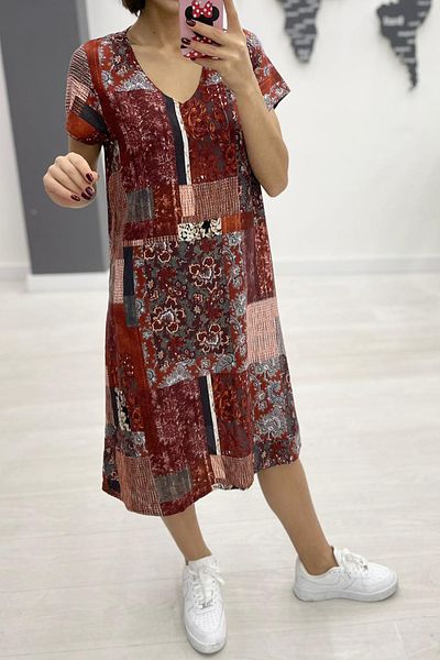 AYASOFYA OTANTIK Women's Red V-Neck Pocket Retro Print Short Sleeve Midi Dress