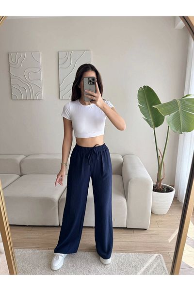 Zoom Butik Strawberry Fabric Palazzo Trousers - Dark Blue