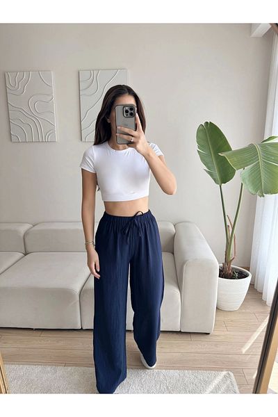 Zoom Butik Strawberry Fabric Palazzo Trousers - Dark Blue