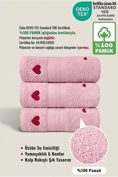 Ellaline Σετ πετσετών LUV 3 τεμαχίων - 100% βαμβάκι, πιστοποιημένο, πετσέτα κουζίνας με κέντημα καρδιάς, 50x80cm