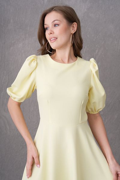 4S1B FASHION Atlas Fabric Short Balloon Sleeve Skirt Pleated Flared Cut Midi Length Yellow Evening Dress 220
