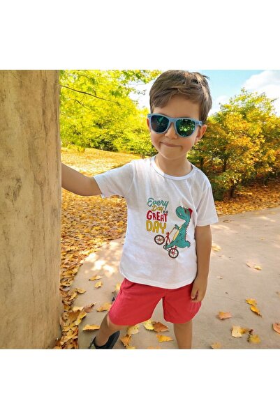 Bicycle Dinosaur Printed White Cotton Combed Fabric Short Sleeve Girls Boys T-Shirt