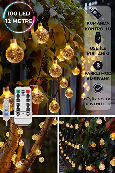 TechnoSmart 100 Ledli Usbli Kumandalı 8 Modlu Kristal Toplu Işık Parti Süsleme Organizasyon Sarı Işık