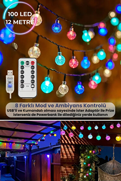 TechnoSmart 100 Ledli Usbli Kumandalı 8 Modlu Kristal Toplu Işık Parti Süsleme Organizasyon RGB Renkli Işık