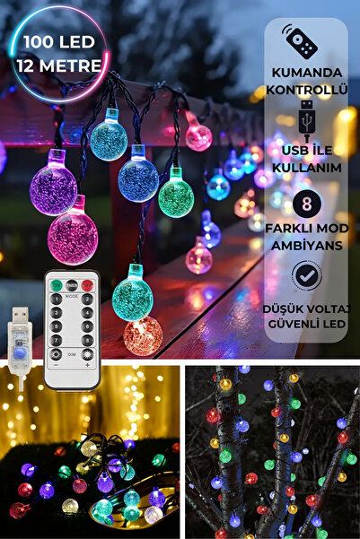 TechnoSmart 100 Ledli Usbli Kumandalı 8 Modlu Kristal Toplu Işık Parti Süsleme Organizasyon RGB Renkli Işık