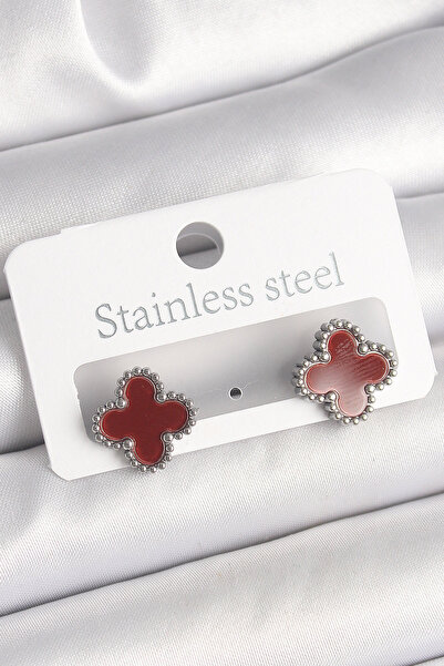 Epilons Brass Silver Color Burgundy Clover Model Women's Earrings - Tj-Bkp103...