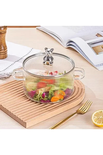 morponi Borosilicate Glass Metal Framed Glass Lid 1500 Ml Glass Pot with Teddy Bear Theme