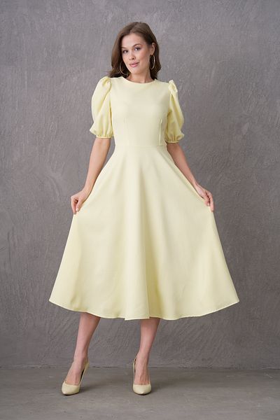 4S1B FASHION Atlas Fabric Short Balloon Sleeve Skirt Pleated Flared Cut Midi Length Yellow Evening Dress 220