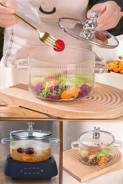 morponi Borosilicate Glass Metal Framed Glass Lid 1500 Ml Glass Pot with Teddy Bear Theme