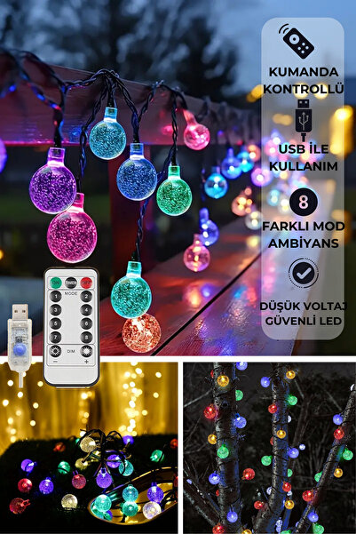 TechnoSmart 50 Ledli Usbli Kumandalı 8 Modlu Kristal Toplu Işık Parti Süsleme Organizasyon RGB Renkli Işık