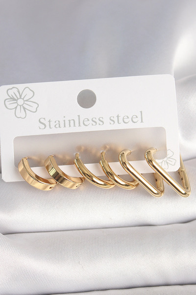 Epilons 316L Steel Gold Color Triangle Hoop Model Women's Earring Set - Tj-Bk...