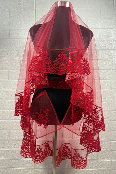 AZREN STORE Red Duvak Flok cu imprimeu Voal de mireasă cu sclipici, acoperito...