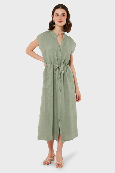 Via Dante Slit Comfort Fit V-Neck Midi Length Linen Dress Dress 6085544