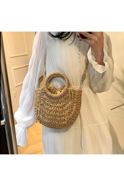 Tudivanyu Aksesuar Straw Woven Drawstring Closure Detailed Lined Vintage Bag Accessory
