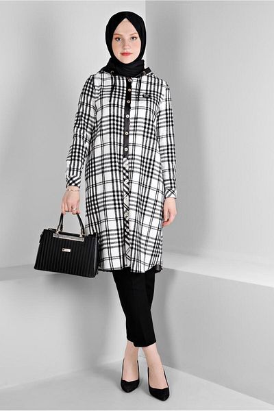 Alvina Hooded Plaid Patterned Tunic - 43457