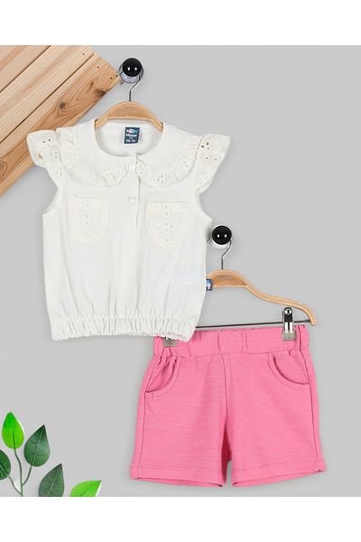 Egelite Girl's Summer 2-3-4-5-6 Years Old Collar and Piston Detail Muslin Shorts Set