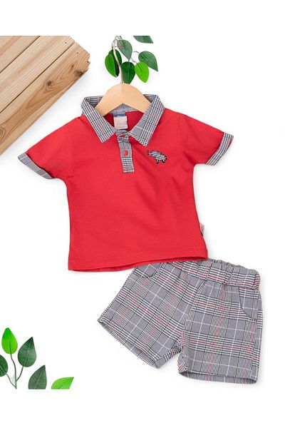 Ege Bebek Baby Boy Polo Collar Elephant Embroidered Plaid Shorts Summer 6-9-12-18-24 Months Baby Set