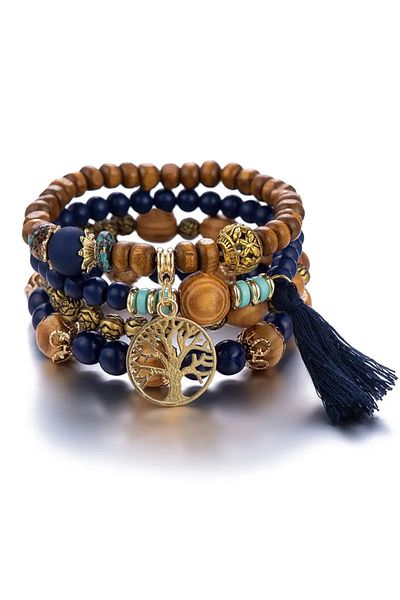 Choice 5 4Pcs/Set Boho Wooden Beaded Bracelet Set For Women Tree Of Life White Tassels Charm Elastic Chain.