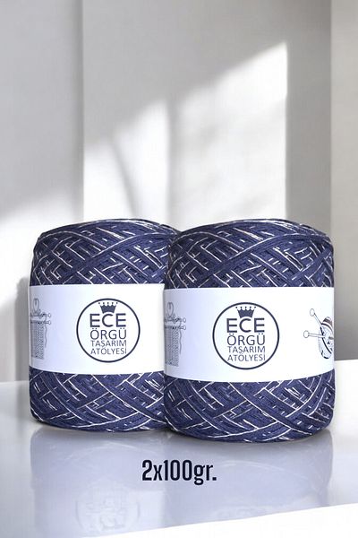 Ece Örgü Tasarım Atölyesi Ασημί γκλίτερ σε Sirius πολυώροφο μπλε βαμβακερό με σχέδιο πλεκτό σχοινί χειρός (200 γρ.)