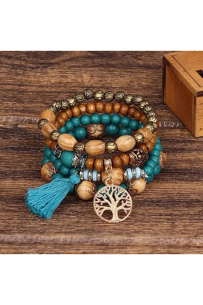 Choice 6 4Pcs/Set Boho Wooden Beaded Bracelet Set For Women Tree Of Life White Tassels Charm Elastic Chain.