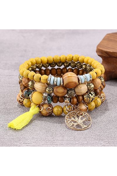 Choice 9 4Pcs/Set Boho Wooden Beaded Bracelet Set For Women Tree Of Life White Tassels Charm Elastic Chain.