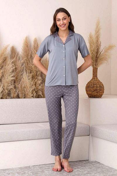 Pijamoni Bamboo Milan Fabric Gray Color Short Sleeve Shirt Collar Women's Pajamas Set