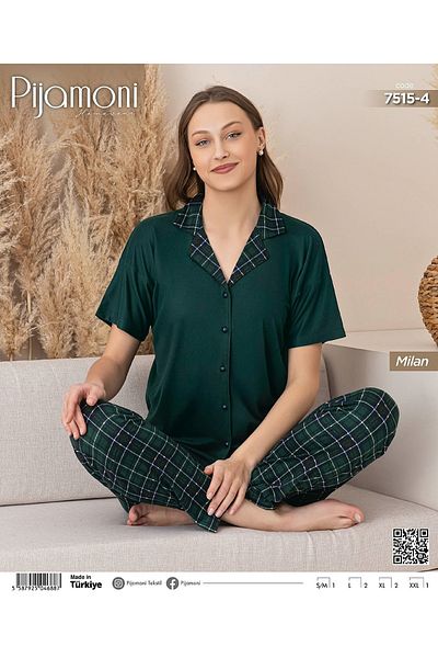 Pijamoni Bamboo Milan Fabric Green Color Short Sleeve Shirt Collar Women's Pajamas Set