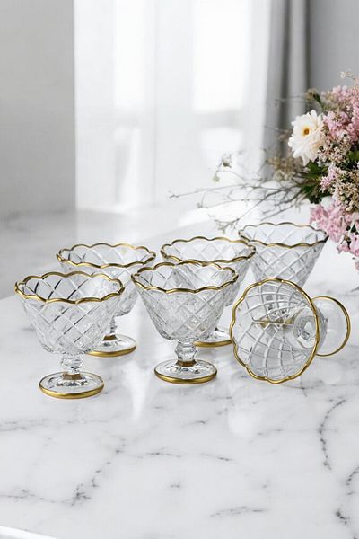 TrendDeco Gold Gilded 6-Piece Footed Glass Bowl Ice Cream Bowl Magnolia Pudding Bowl