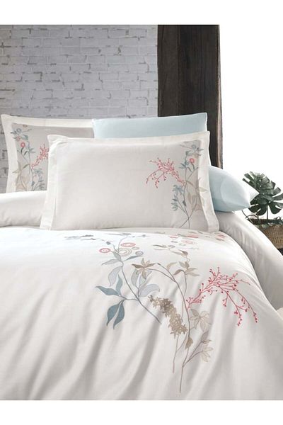 Okya Home Dreamoria Ivory & Blue Cotton Satin Bed Linen Set 6 Pcs 200x220 Cm & Gift Turkish Coffee Set